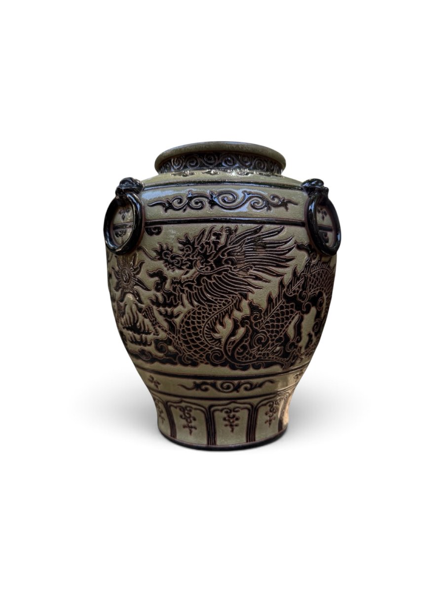 Vase vietnamien en grès émaillé – Décor dragon en relief – XXᵉ siècle - Vietnam  - BIEN HOA 