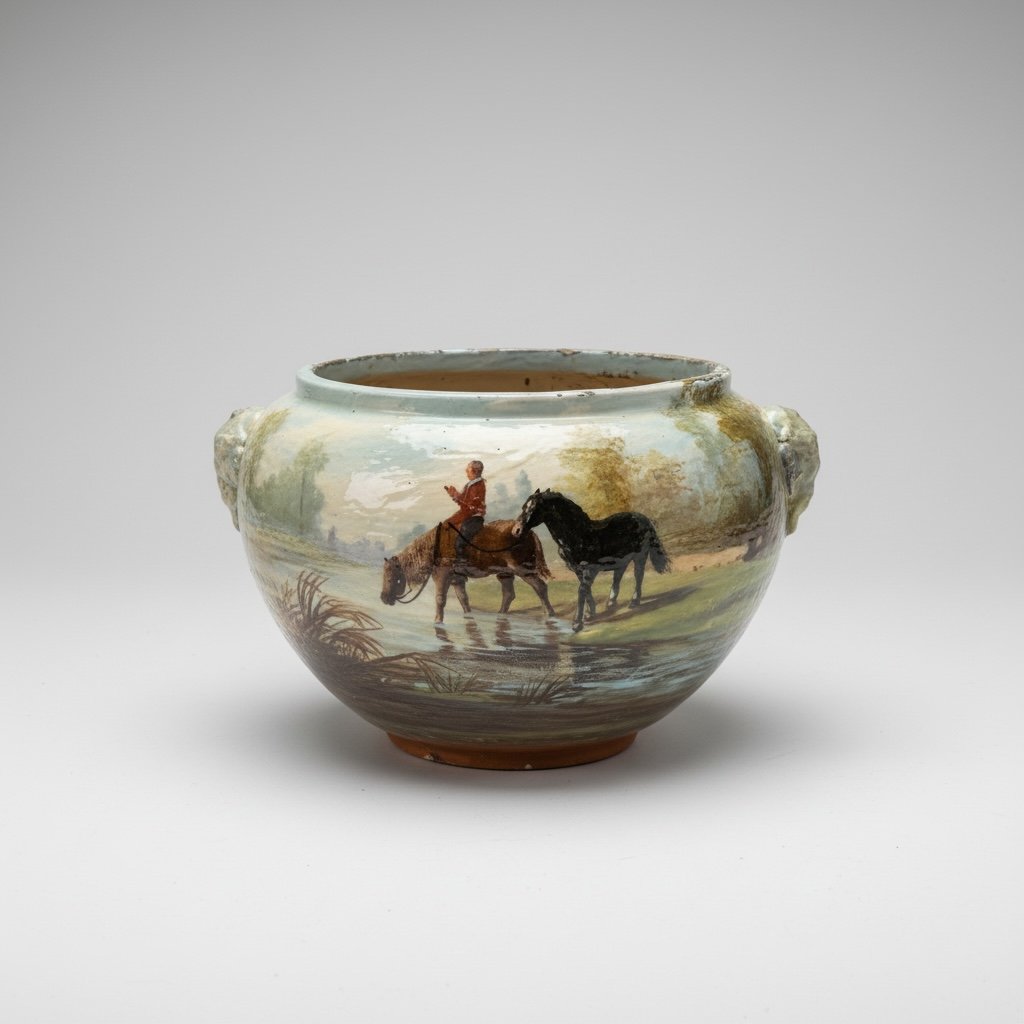 Jules Jacquemart - Cache Pot - Faïence émaillée à décor impressionniste - Chevaux