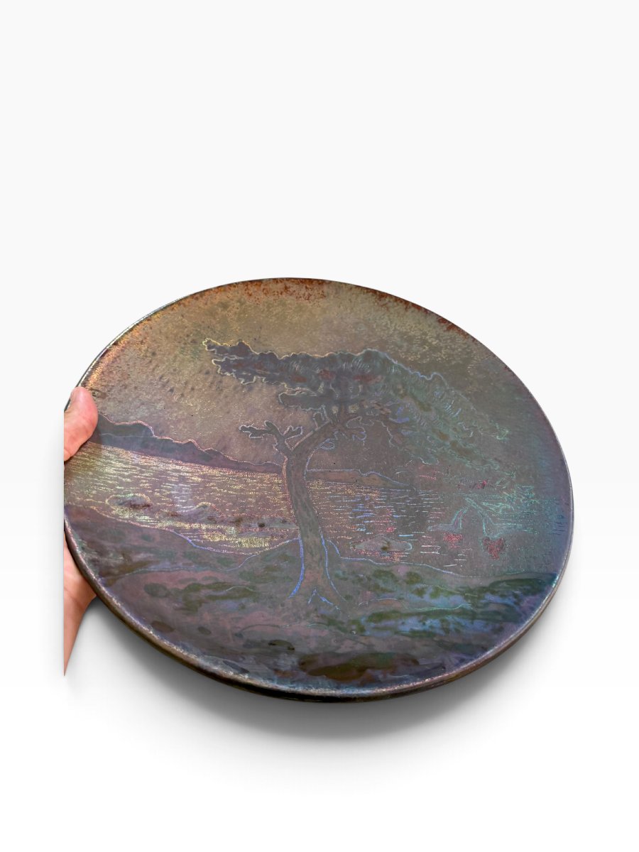 ROSSOLLIN - Aire-Belle - Plat décor paysage méditerranéen - Reflets métalliques 1909 - Massier-photo-2