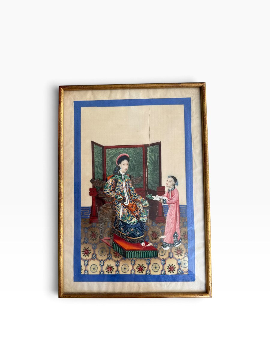 Scène de cour chinoise - Gouache sur papier de pith XIXème - Canton-photo-2
