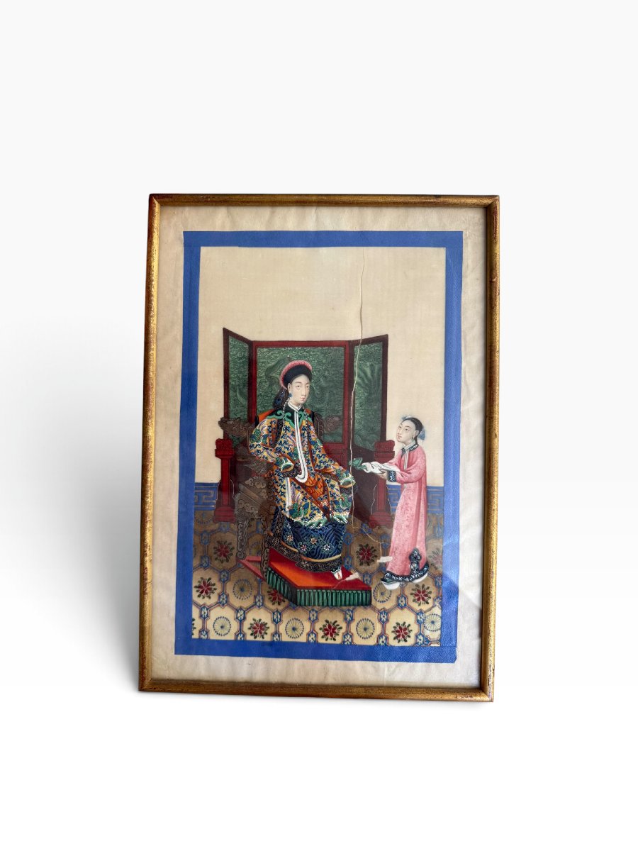 Scène de cour chinoise - Gouache sur papier de pith XIXème - Canton-photo-3
