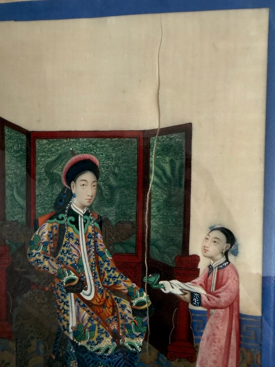 Scène de cour chinoise - Gouache sur papier de pith XIXème - Canton-photo-1