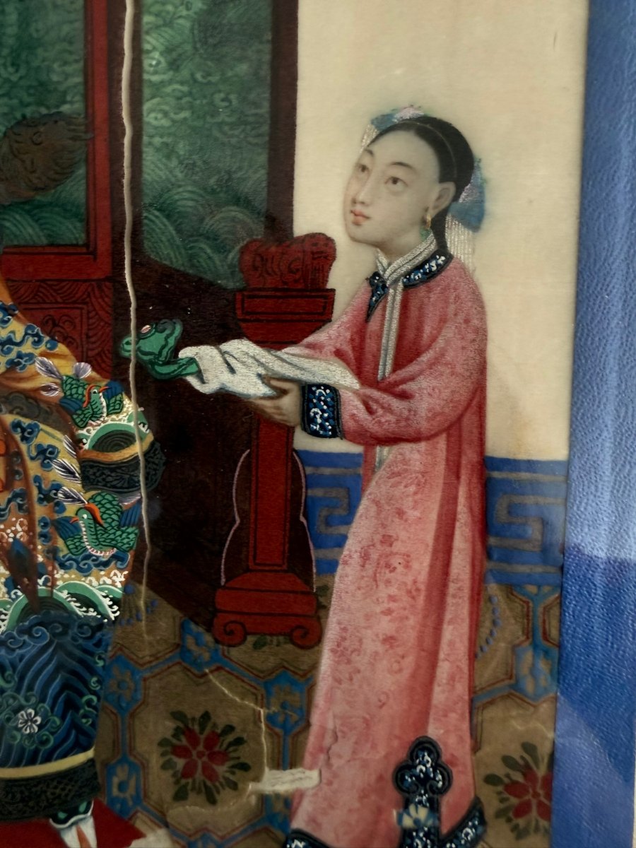 Scène de cour chinoise - Gouache sur papier de pith XIXème - Canton-photo-3