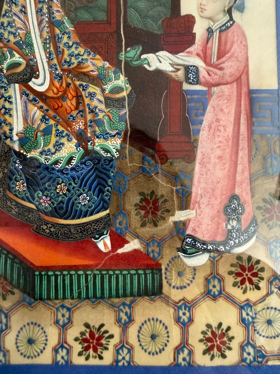 Scène de cour chinoise - Gouache sur papier de pith XIXème - Canton-photo-5