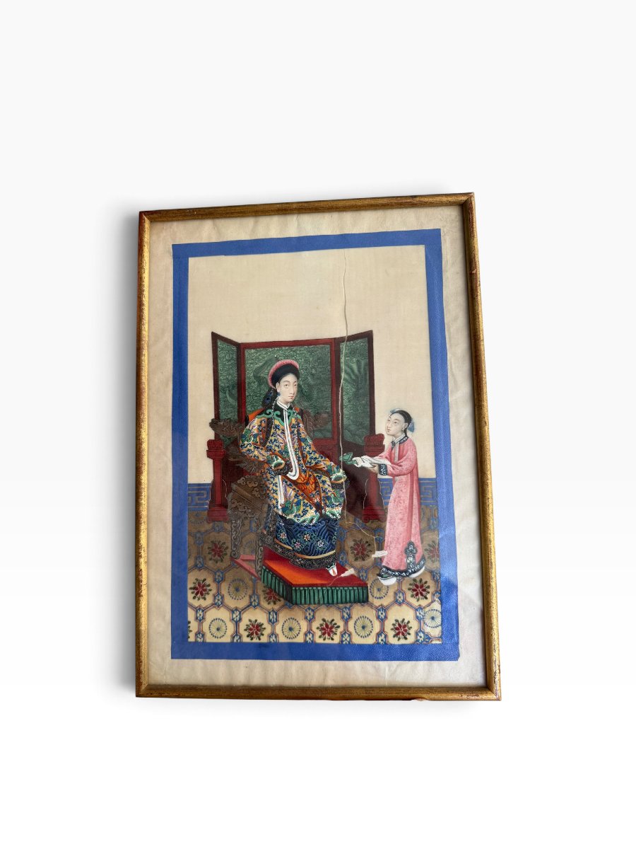 Scène de cour chinoise - Gouache sur papier de pith XIXème - Canton