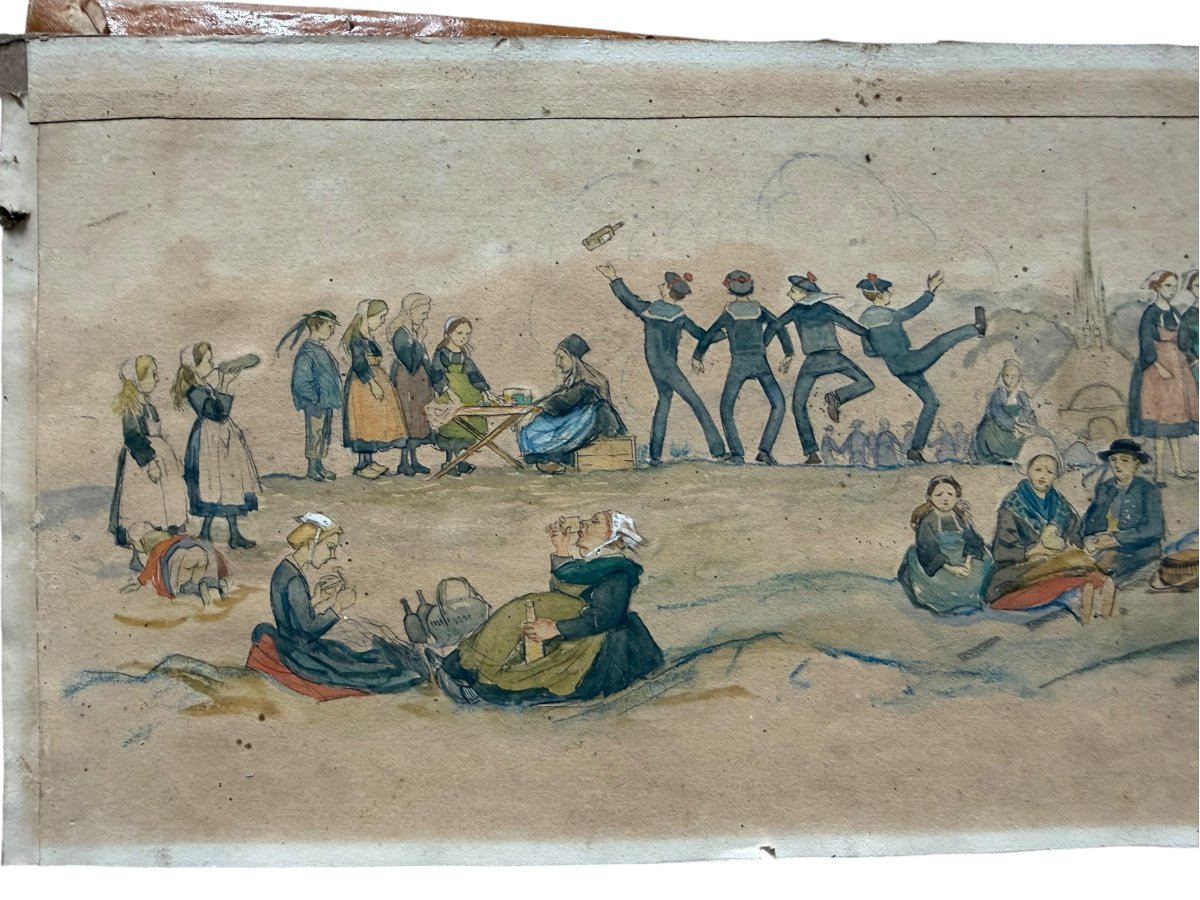 Panoramic Watercolor Of Brittany By Guydo – A Scene Of Forgiveness Or A Folk Festival-photo-2