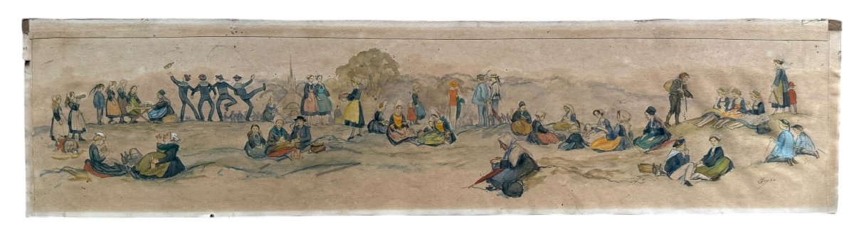 Panoramic Watercolor Of Brittany By Guydo – A Scene Of Forgiveness Or A Folk Festival