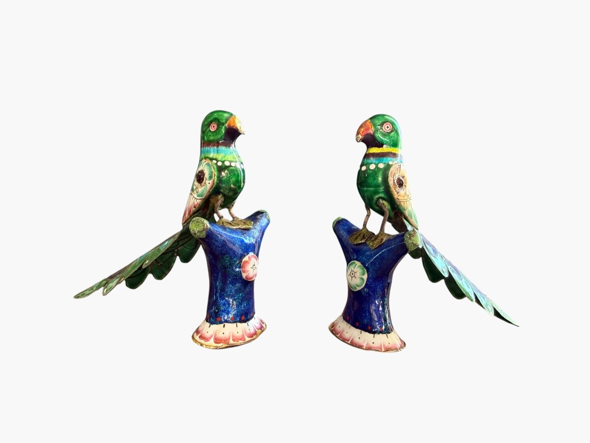 Pair Of Enameled Silver Parrots – Indo-mughal Art / Lucknow – Circa 1900-photo-2