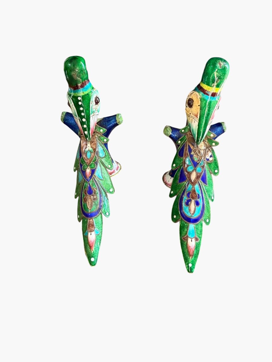 Pair Of Enameled Silver Parrots – Indo-mughal Art / Lucknow – Circa 1900-photo-3