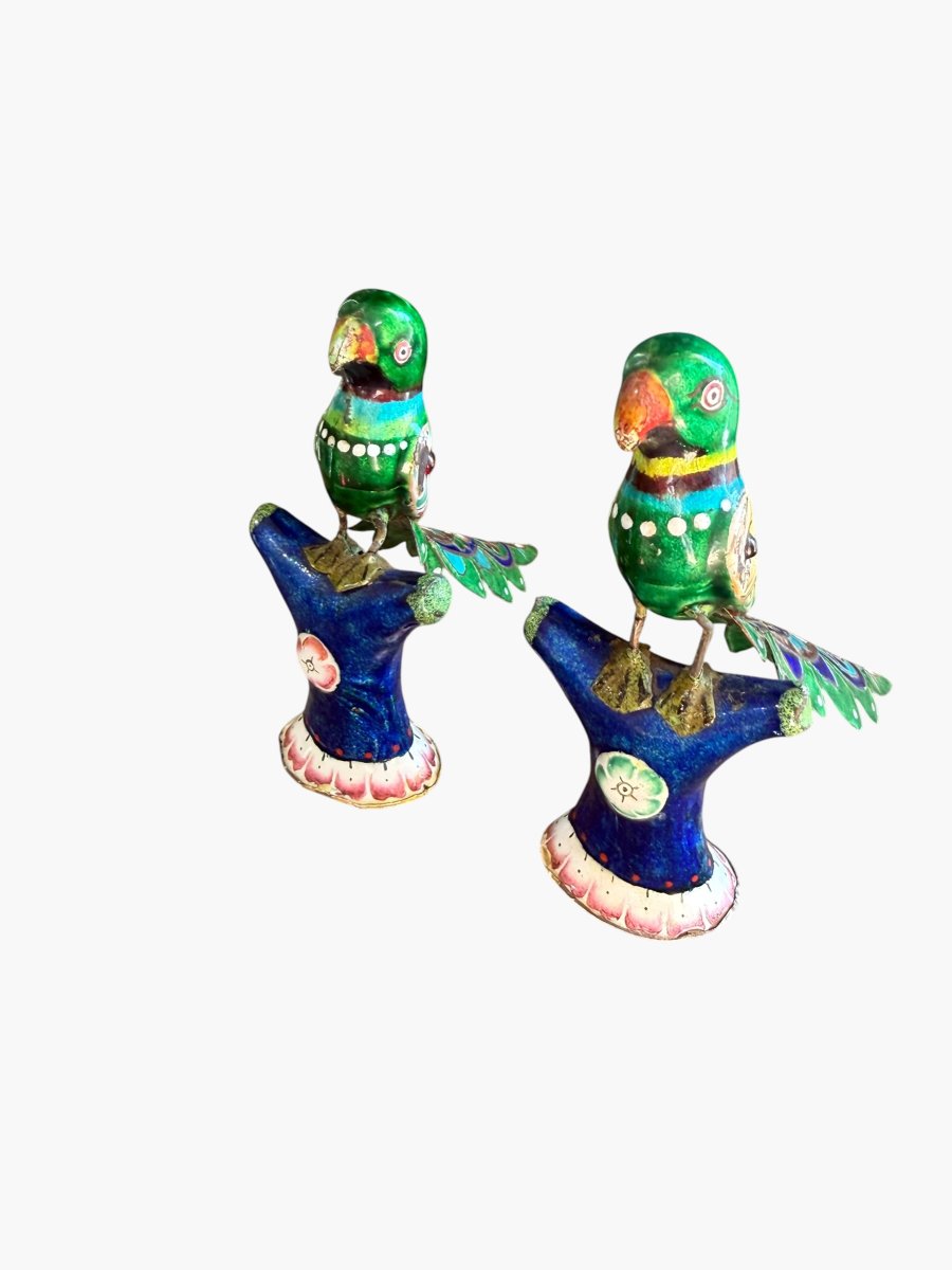 Pair Of Enameled Silver Parrots – Indo-mughal Art / Lucknow – Circa 1900-photo-4