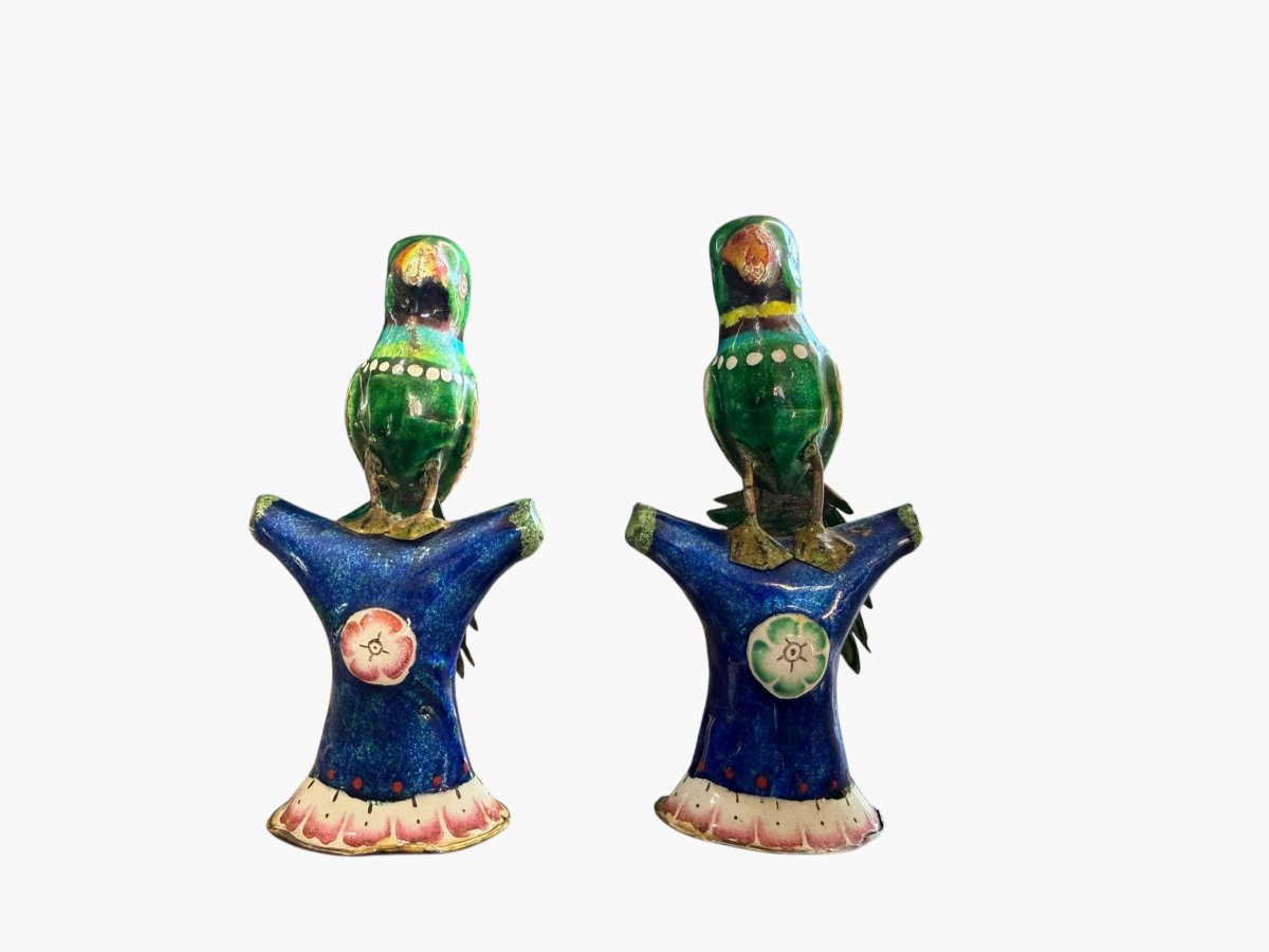 Pair Of Enameled Silver Parrots – Indo-mughal Art / Lucknow – Circa 1900-photo-1