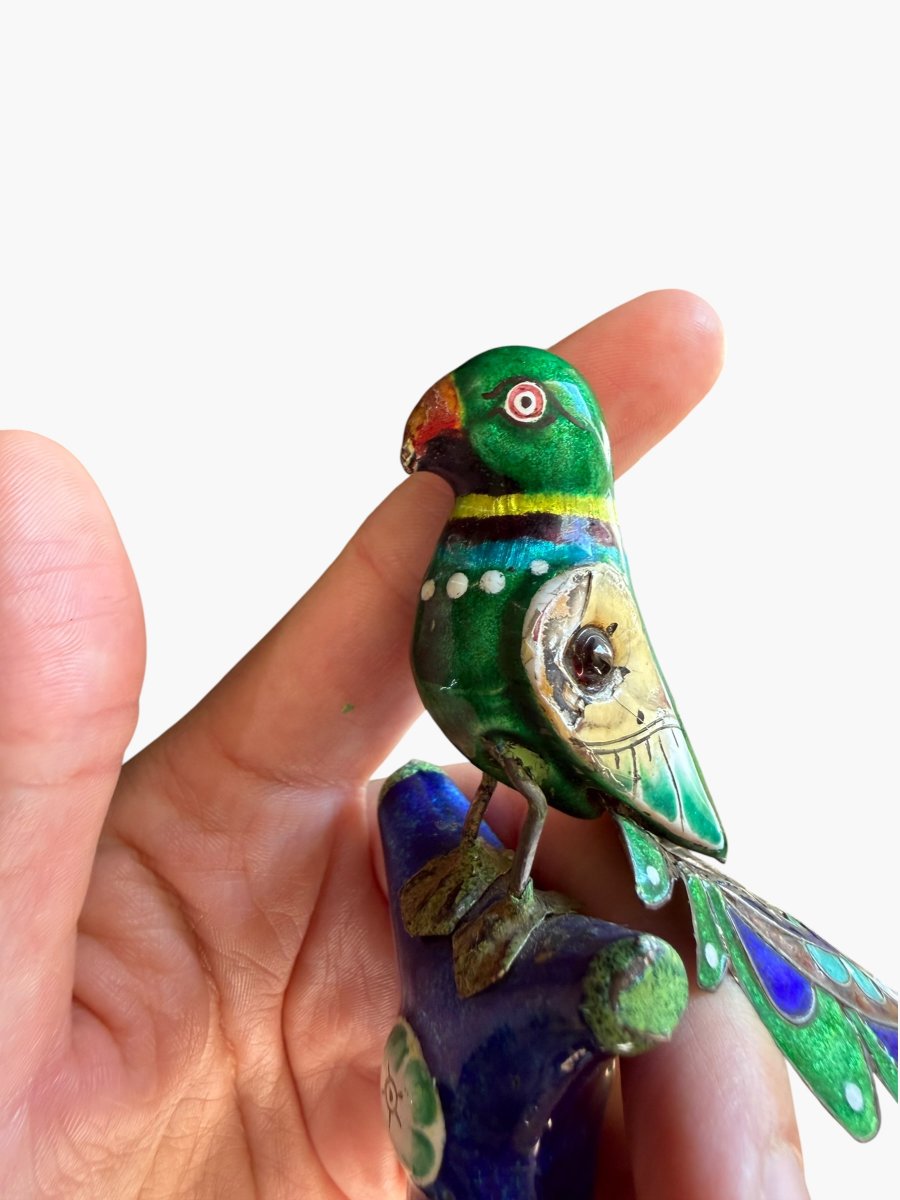 Pair Of Enameled Silver Parrots – Indo-mughal Art / Lucknow – Circa 1900-photo-4