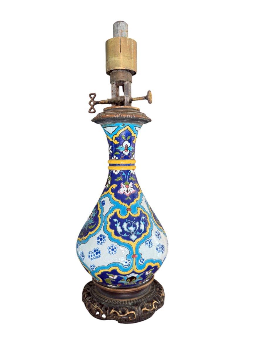Lampe en Émaux de Longwy – Décor Persan -  Attribué à Amédée de Caranza – XIXème