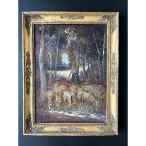 Charles Jacque - Oil On Wood XIXth - The Shepherdess And Her Sheep / Ewe