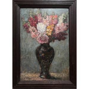 Emile Brunet - Huile Sur Toile Cartonnée - Bouquet De Fleurs 