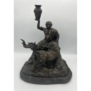 Bronze Japan XIXth - Monk  Arhat  And Shisa On A Rock - Meiji