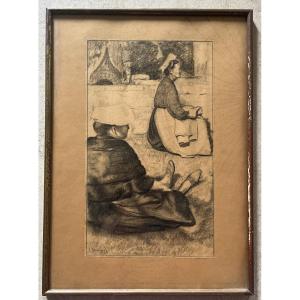 Jean Bouchaud - Charcoal Drawing - Brittany - Breton Women - Pont-aven