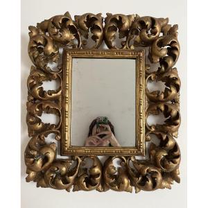 Miroir Italien En Bois Doré XIXème - Baroque 