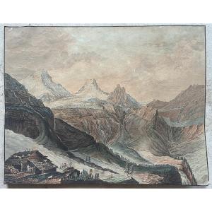 Aquarelle Fin XVIIIème - Vue Des Alpes - Ecole Suisse 