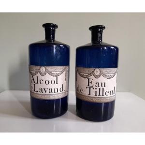 Pair Of Blown Blue Glass Pharmacy Bottles With 18th Century Labels