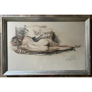 Large Drawing With Three Pencils By Lobel Riche - Nude Of A Lying Woman - Signed And Dedicated