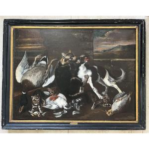 Oil On Canvas 18th Century - Flemish School - Cats And Dogs Fighting