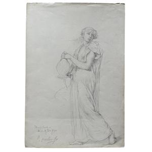 Guillaume Dubufe - Dessin Au Crayon - Femme à La Cruche - Signé Et Daté 1879