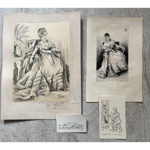 Alfred Stevens - A Drawing, A Business Card, An Etching And A Document 