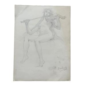 Guillaume Dubufe - Dessin Au Crayon - Eva - Allégorie De La Musique - Signé Et Daté 1897