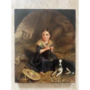 Huile Sur Toile XIXème - Enfantina - Petite Fille Et Son Chien - Léontine Berton - 1855