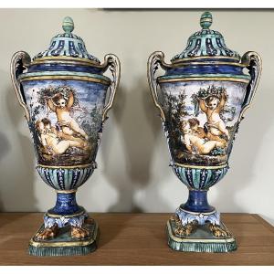 Pair Of Large 19th Century Italian Majolica Covered Pot Vases 