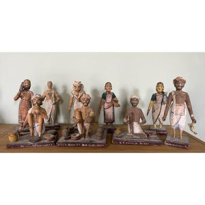 Pondichéry - Inde - Collection De Statuettes En Bois Sculpté Et Stuqué - Série De Métier - 1900