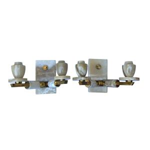 Pair Of Onyx And Gilded Metal Wall Lights - Mid Century - Circa 1950