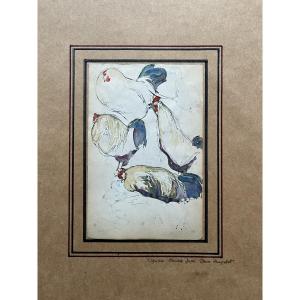 Jane Poupelet - Attributed To - Drawing - Pen And Watercolor Highlights - Study Of A Rooster - Double-sided