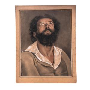 Grand pastel, crayon noir et craie blanche XIXème - Portrait d'Homme