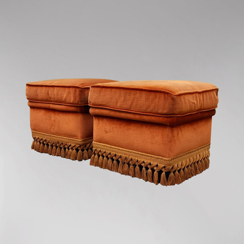 Pair Of Ochre Velvet Poufs Or Footrests