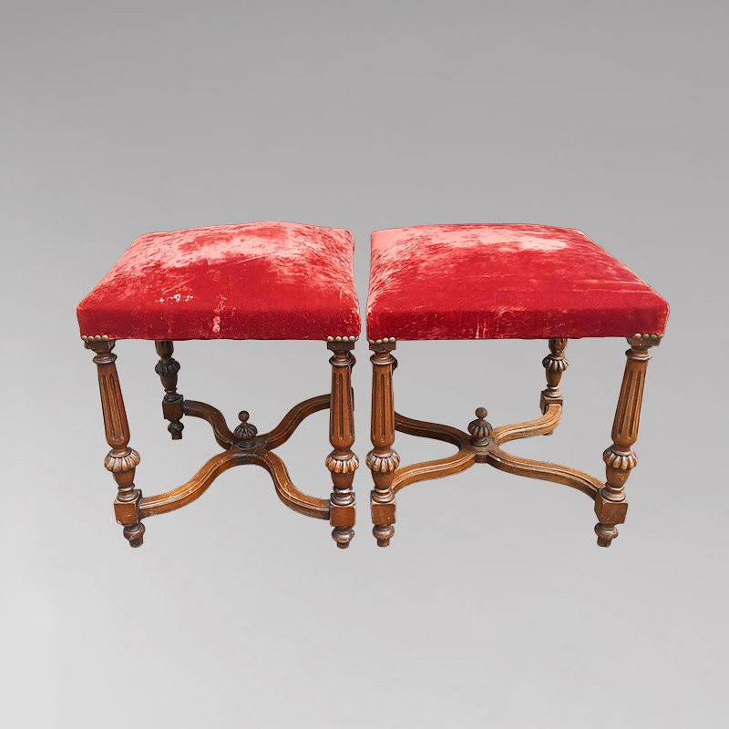 Pair Of Red Velvet Footrests Or Stools-photo-2
