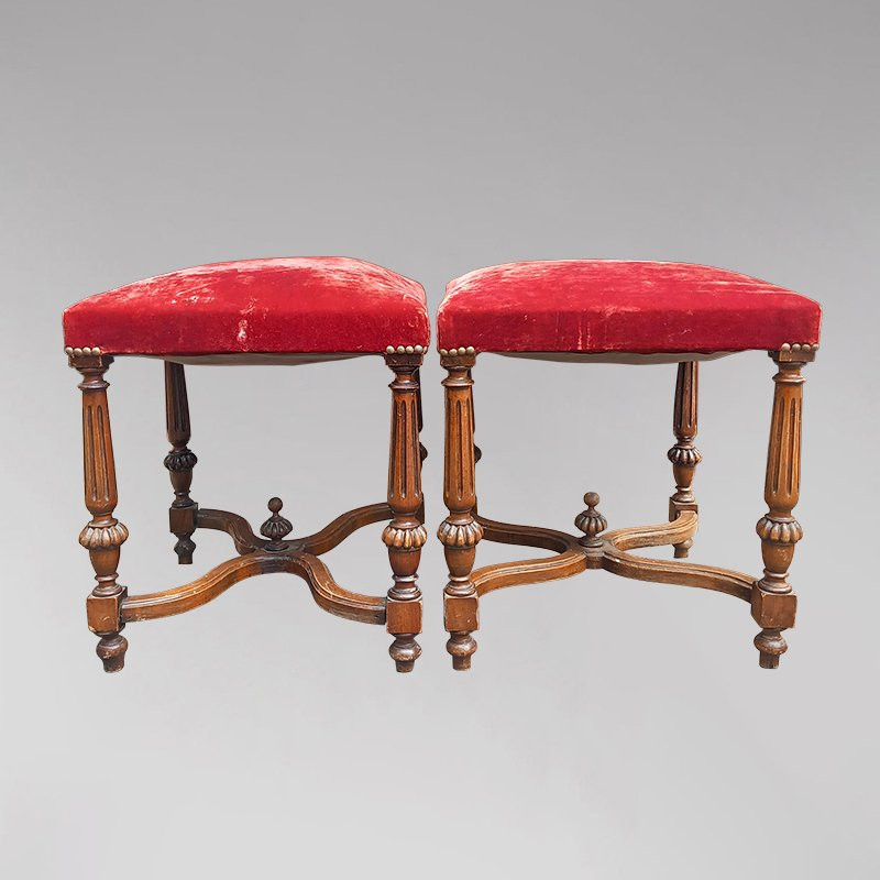 Pair Of Red Velvet Footrests Or Stools-photo-4