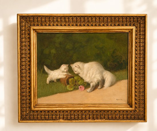 Huile sur toile – Chatte persane et son chaton – École Anglaise, début XXᵉ siècle.-photo-2