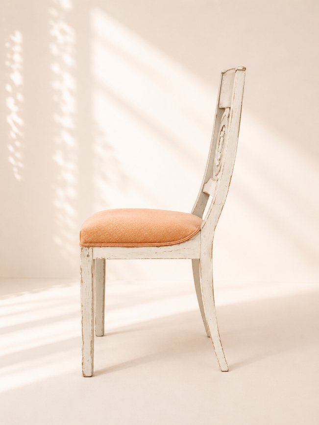 Suite de 6 chaises d'époque Directoire – Bois laqué gris clair, médaillon sculpté-photo-3