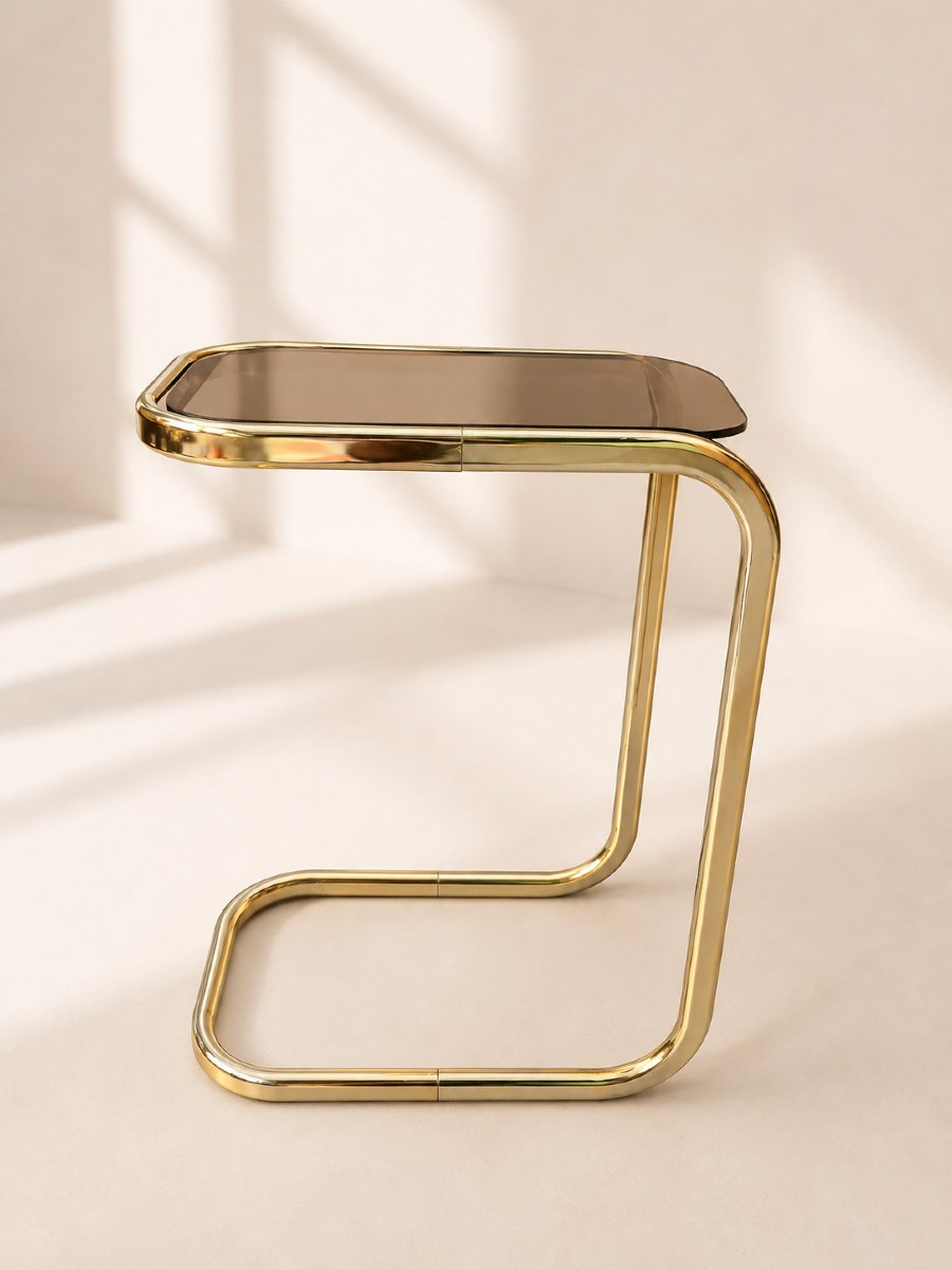 lot de 14 tables d'appoint gigognes en laiton et verre fumé – Années 1970-photo-3