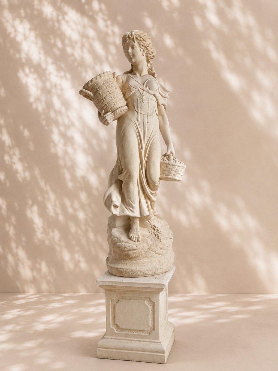 Large Garden Statue – Woman With Baskets On A Pedestal