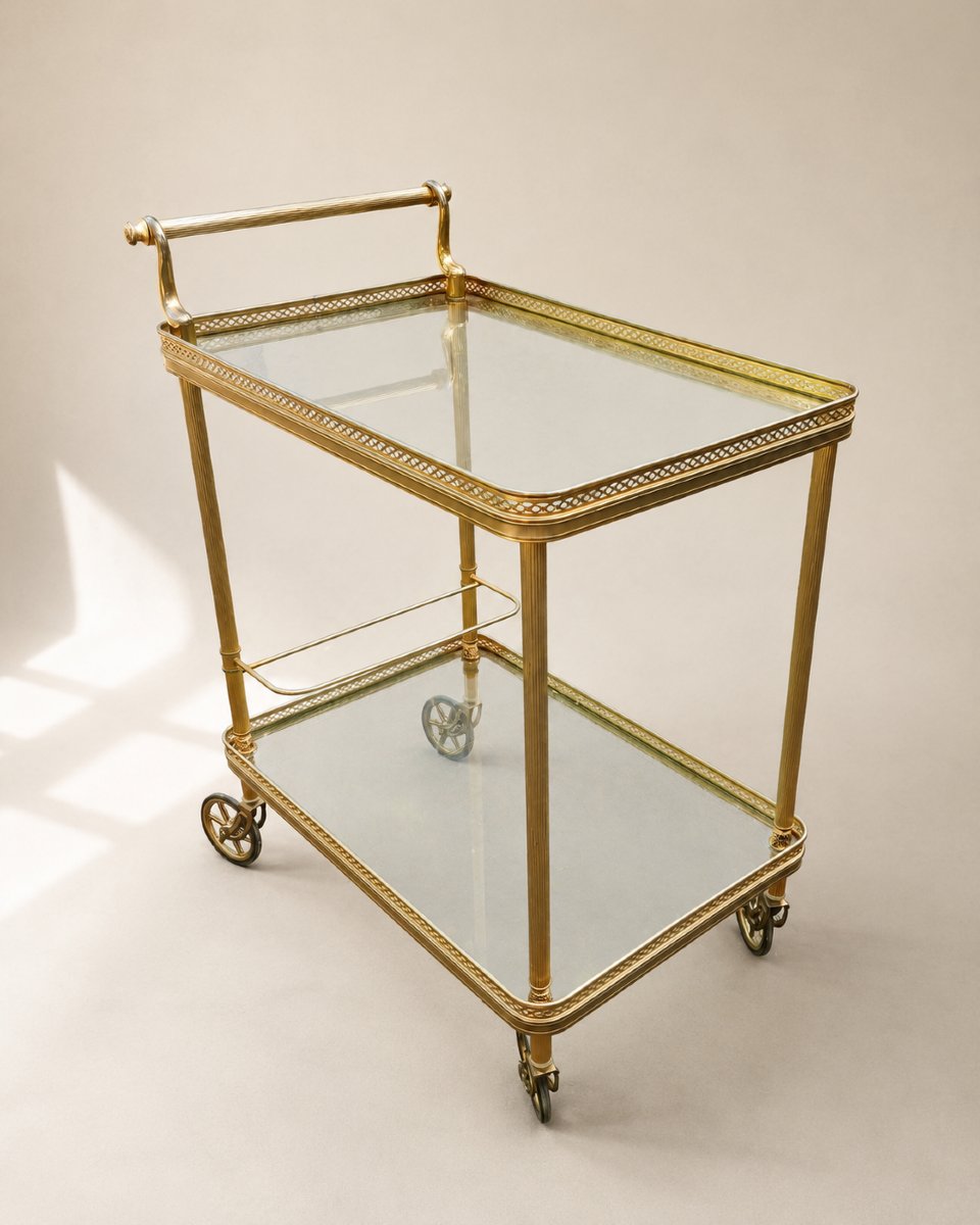 Desserte roulante en laiton doré et verre – Style Louis XVI – XXe siècle-photo-2