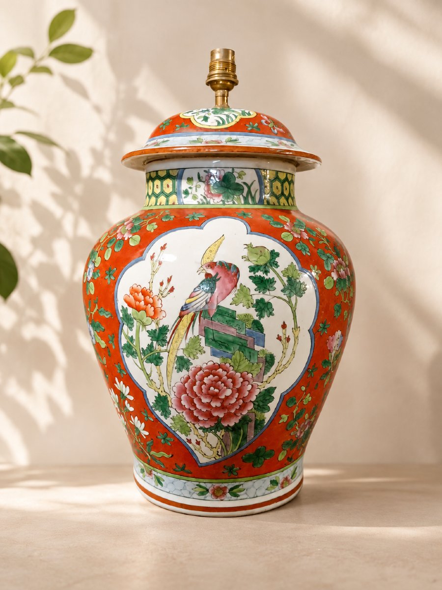 Potiche en porcelaine polychrome montée en lampe – Décor d’oiseau et de fleurs – XXe siècle