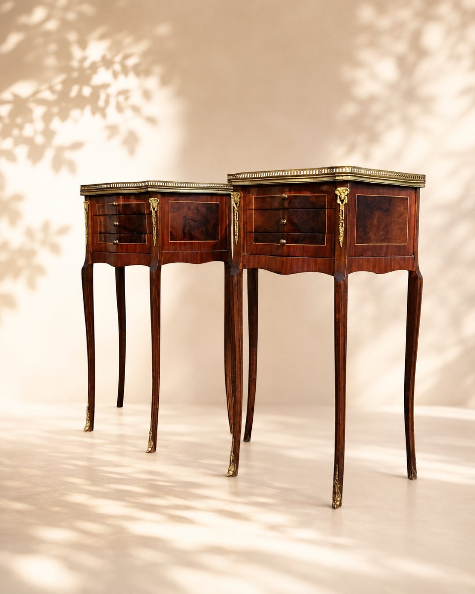 Pair Of Louis-style Nightstands Made Of Mahogany Veneer With Gilded Bronze Accents -photo-2
