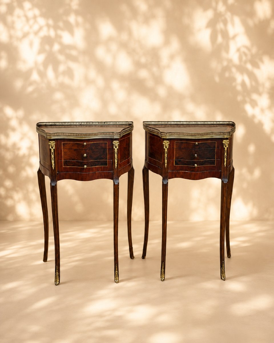 Pair Of Louis-style Nightstands Made Of Mahogany Veneer With Gilded Bronze Accents 