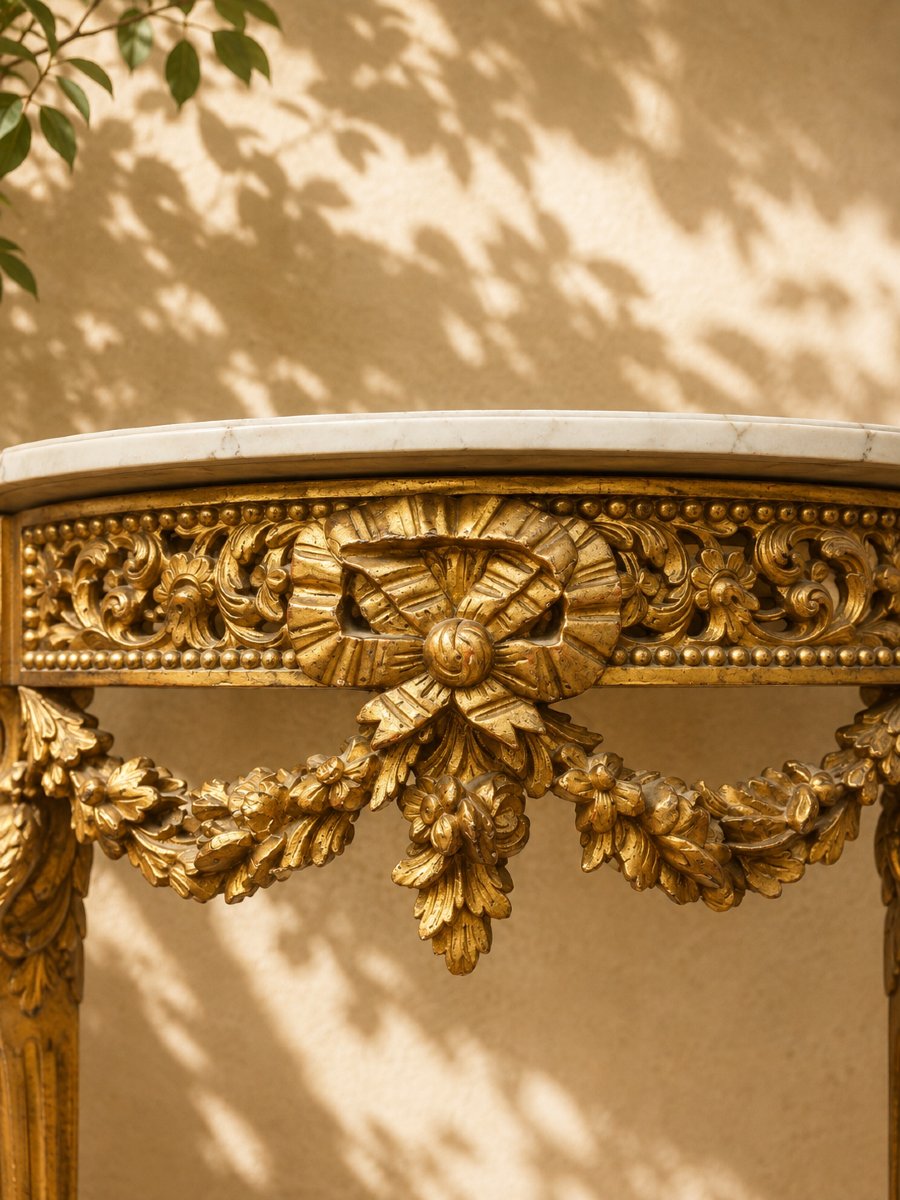 Console demi-lune de style Louis XVI en bois sculpté et doré – Marbre de Carrare – Napoléon III-photo-2