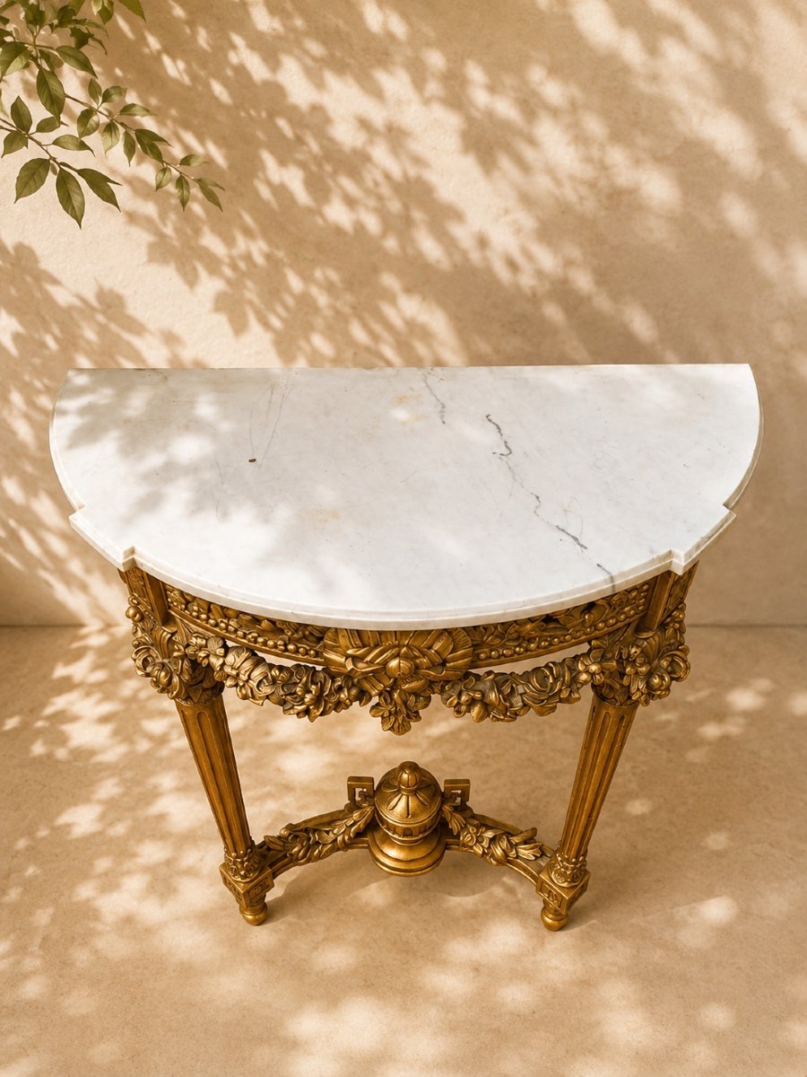Console demi-lune de style Louis XVI en bois sculpté et doré – Marbre de Carrare – Napoléon III-photo-3