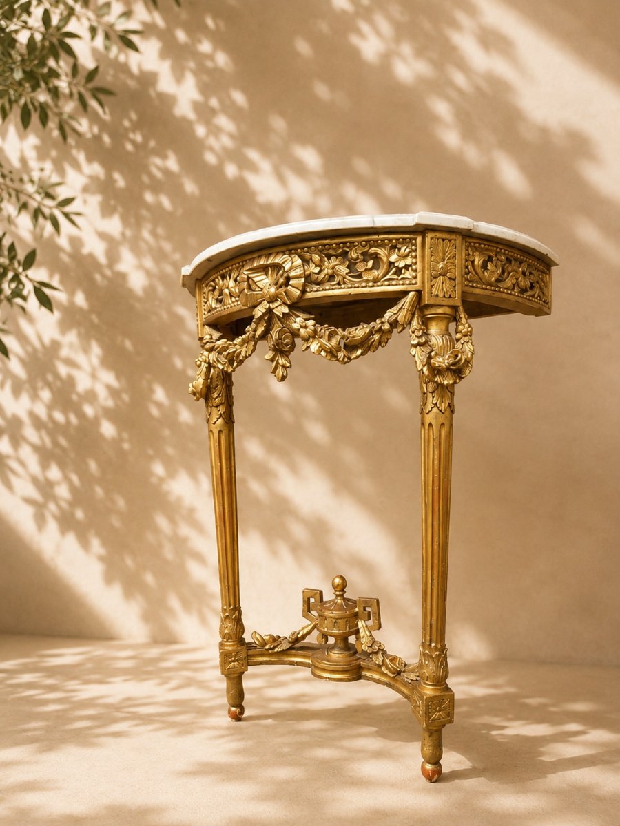 Console demi-lune de style Louis XVI en bois sculpté et doré – Marbre de Carrare – Napoléon III-photo-4