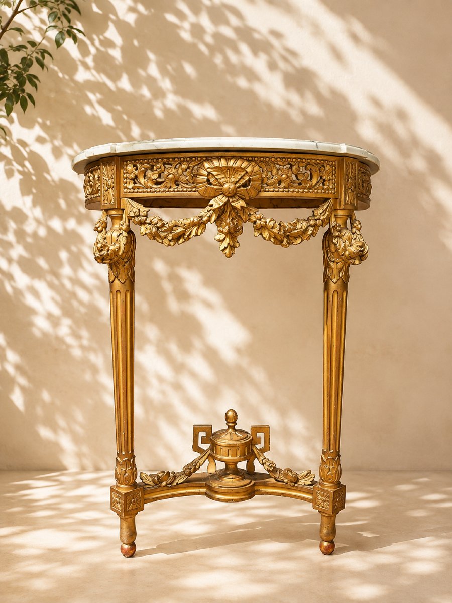 Console demi-lune de style Louis XVI en bois sculpté et doré – Marbre de Carrare – Napoléon III